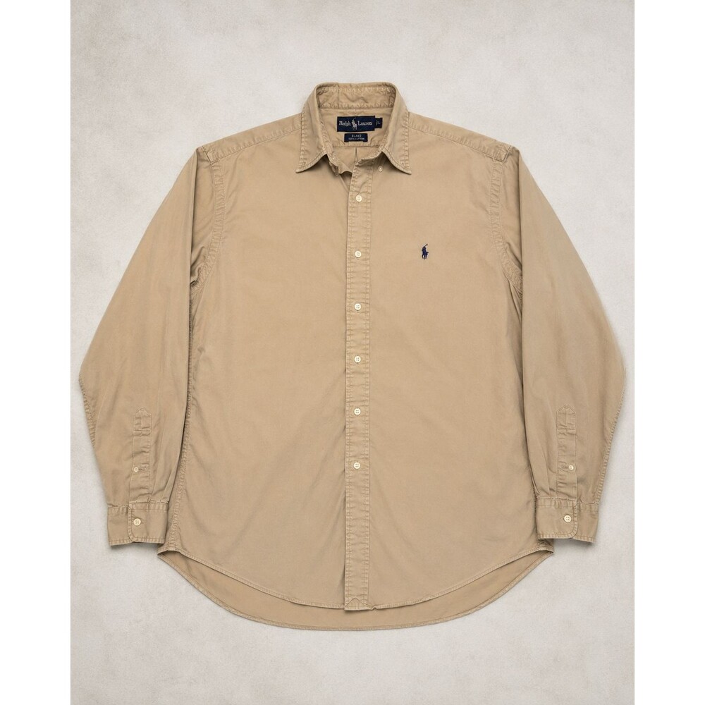 Ralph Lauren Blake Button Up Shirt L Beige Tan Long Sleeve 100% Cotton Blue Pony